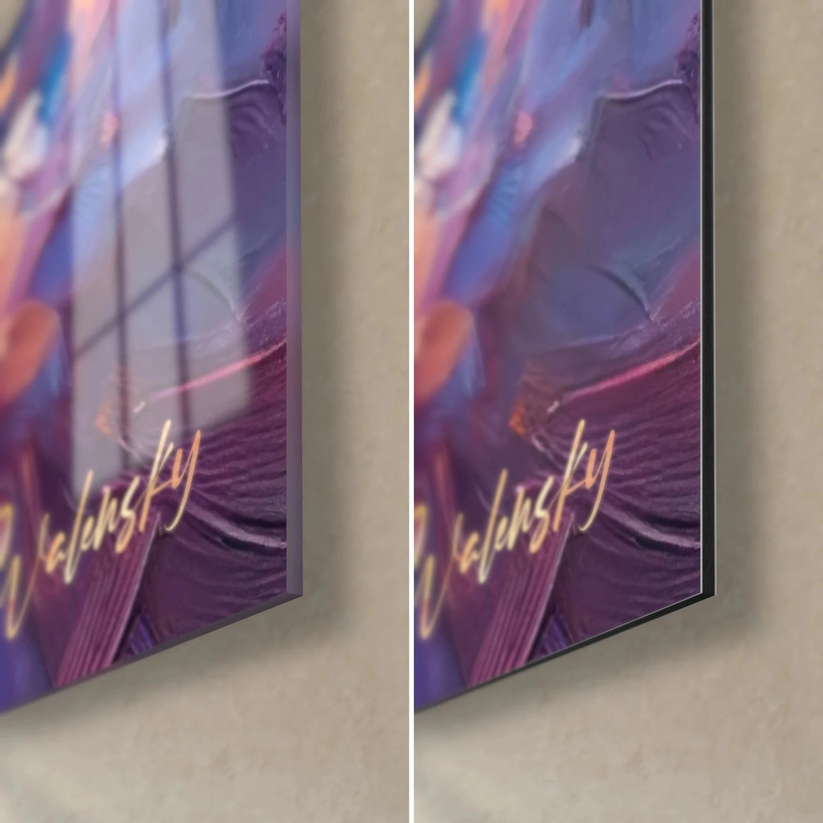 Wall art turquoise sea turtle, bottom right corner: glossy acrylic glass on the left, matte violet Dibond on the right, 3 mm edge
