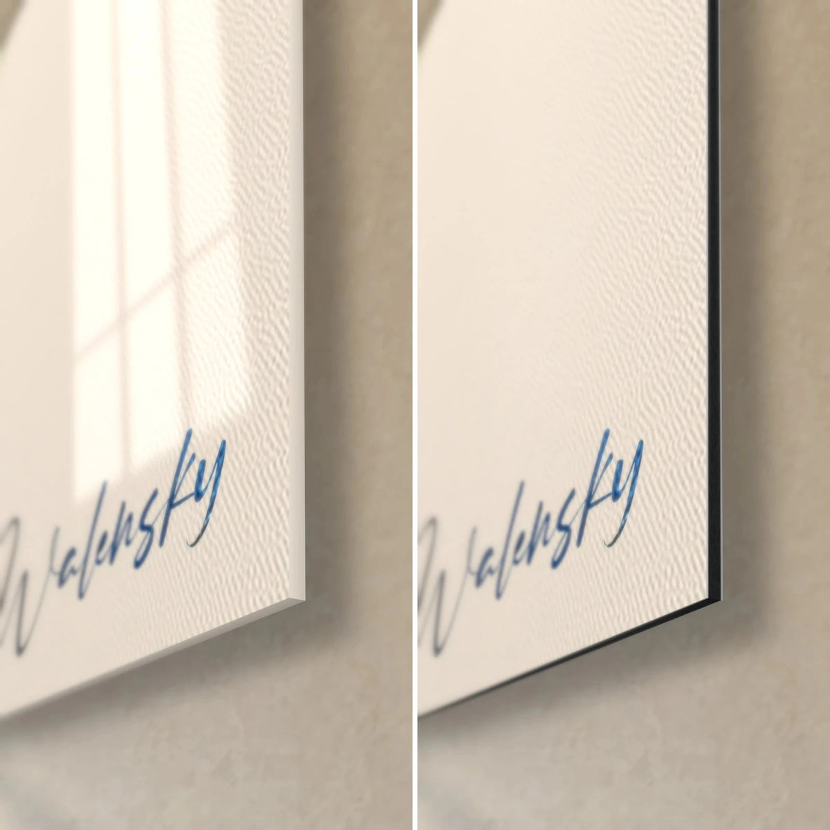 Wall art abstract wing in midnight blue and orange, Walensky signature bottom right, glossy glass and matte black Dibond