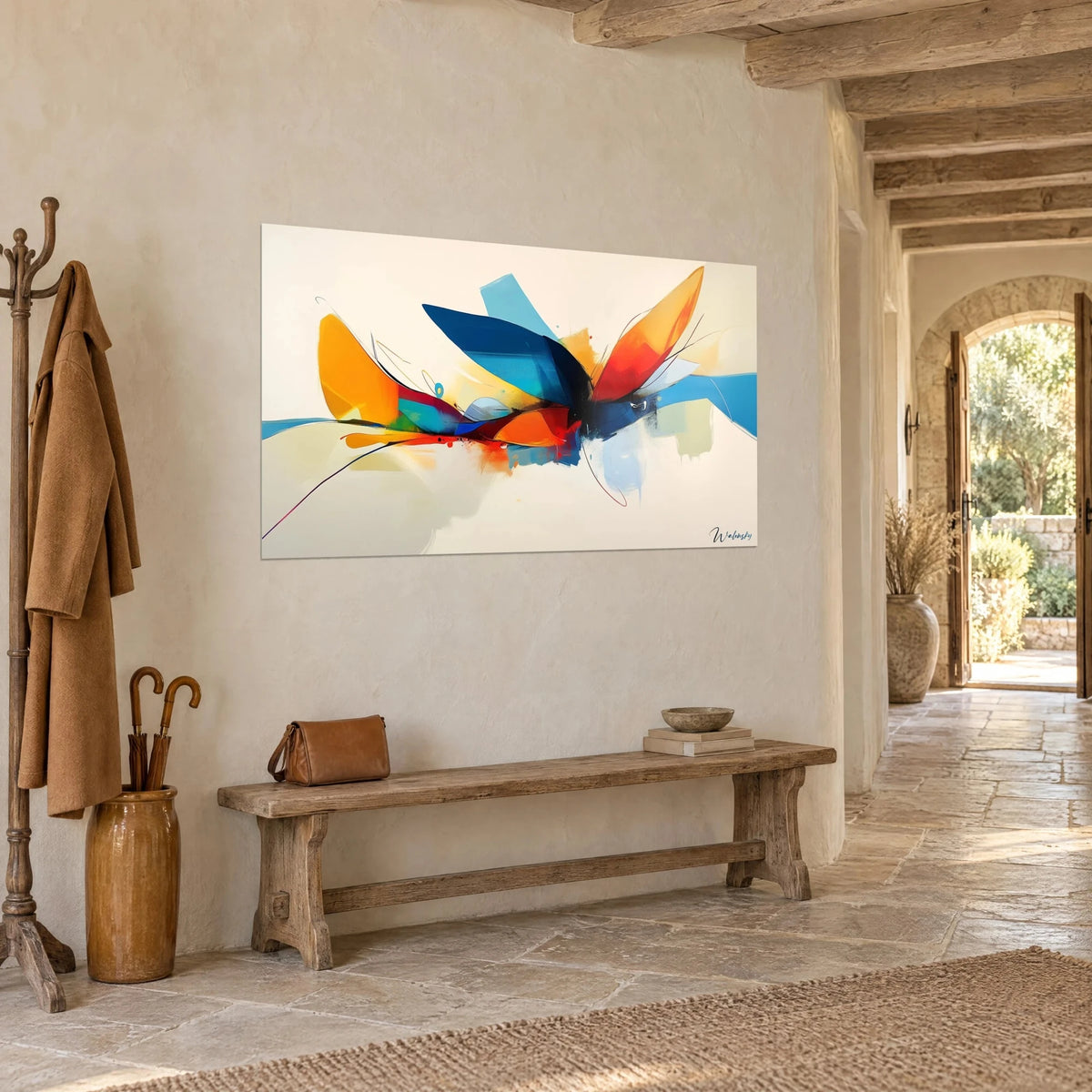 Wall art soaring geometric shapes in ochre yellow and sky blue on a cream background, stone wall, vaulted corridor and wooden bench