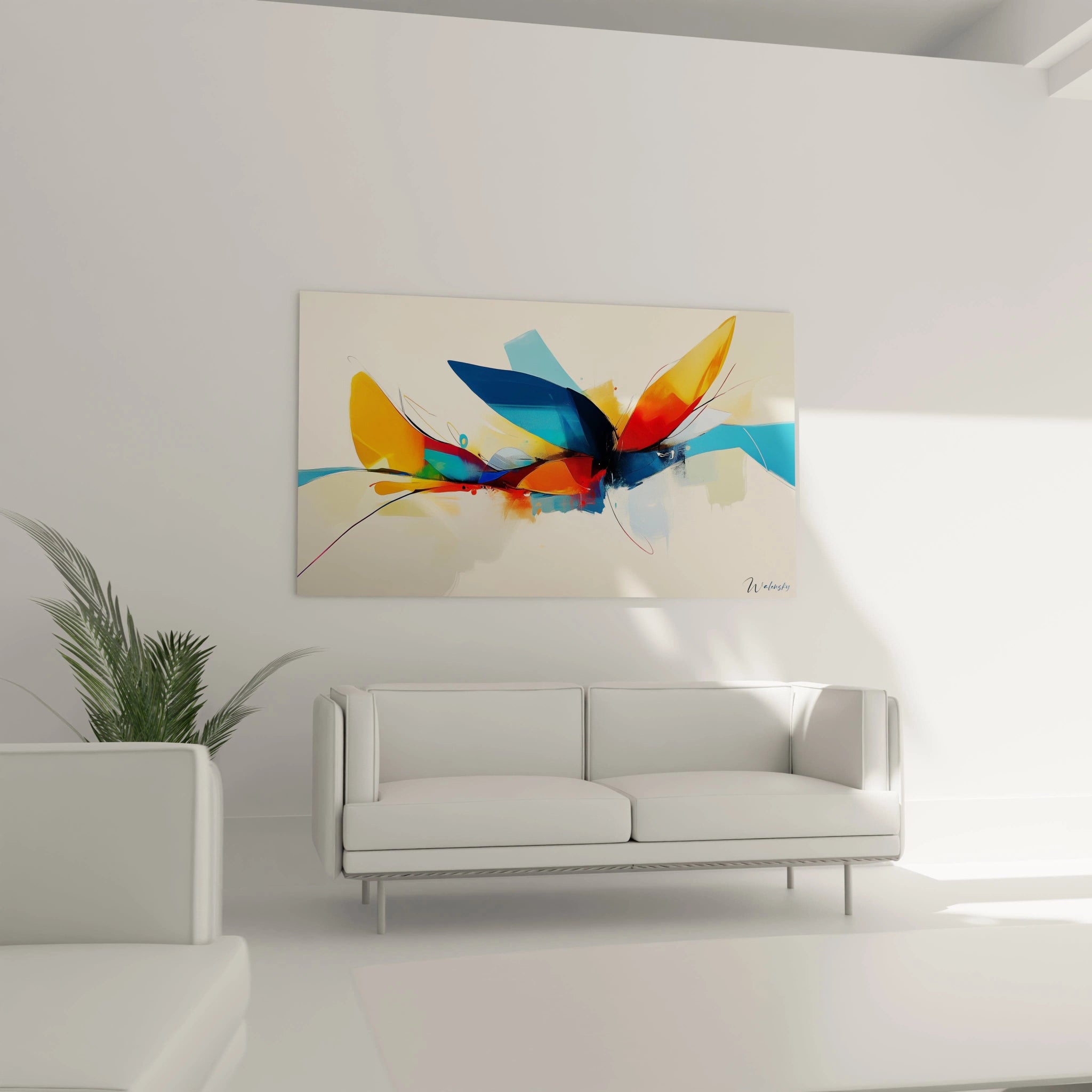 Détail d’un tableau abstrait coloré, mettant en valeur des textures dynamiques et des formes organiques.
