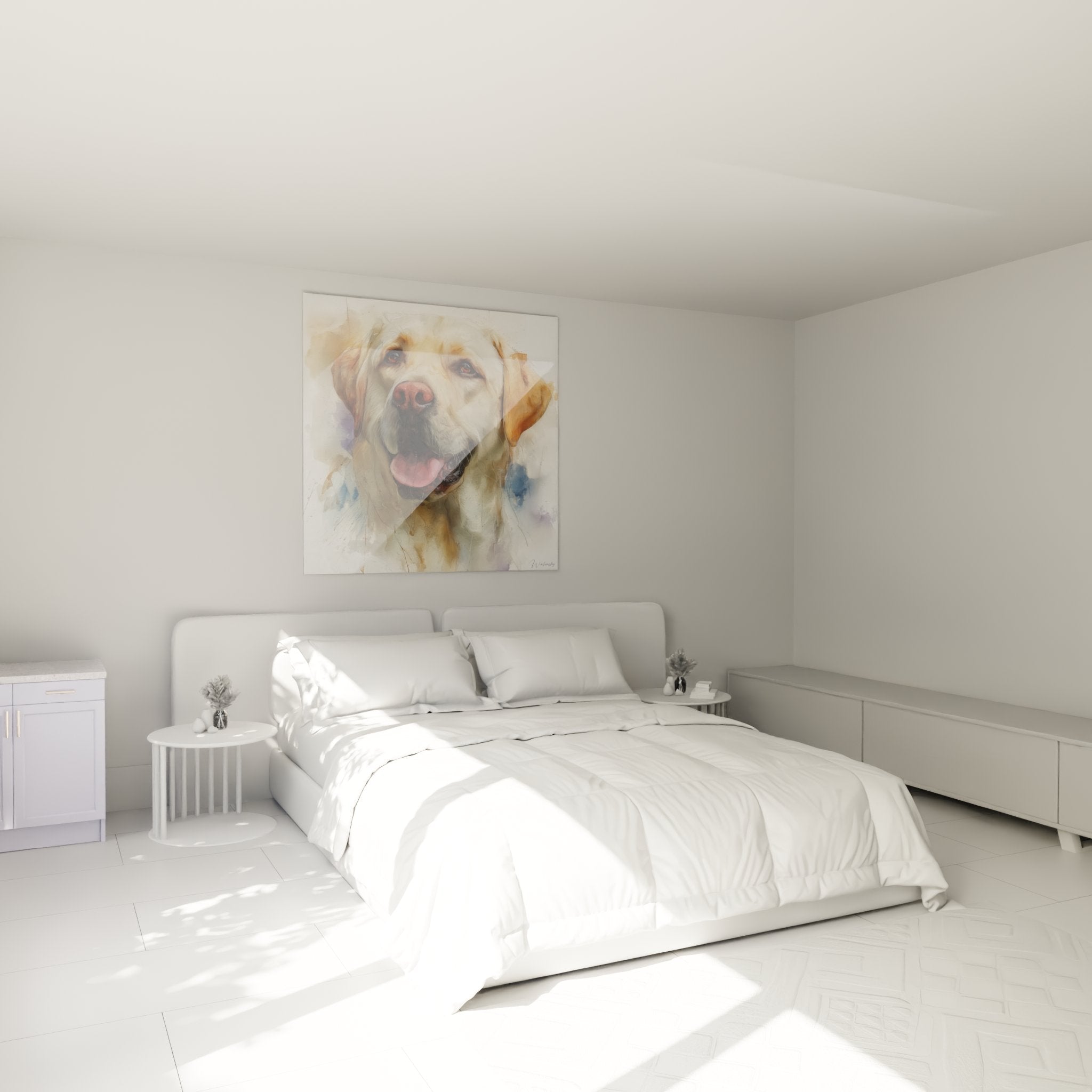 Labrador retriever watercolor painting in bedroom warm wall decor artistic dog portrait natural tones
