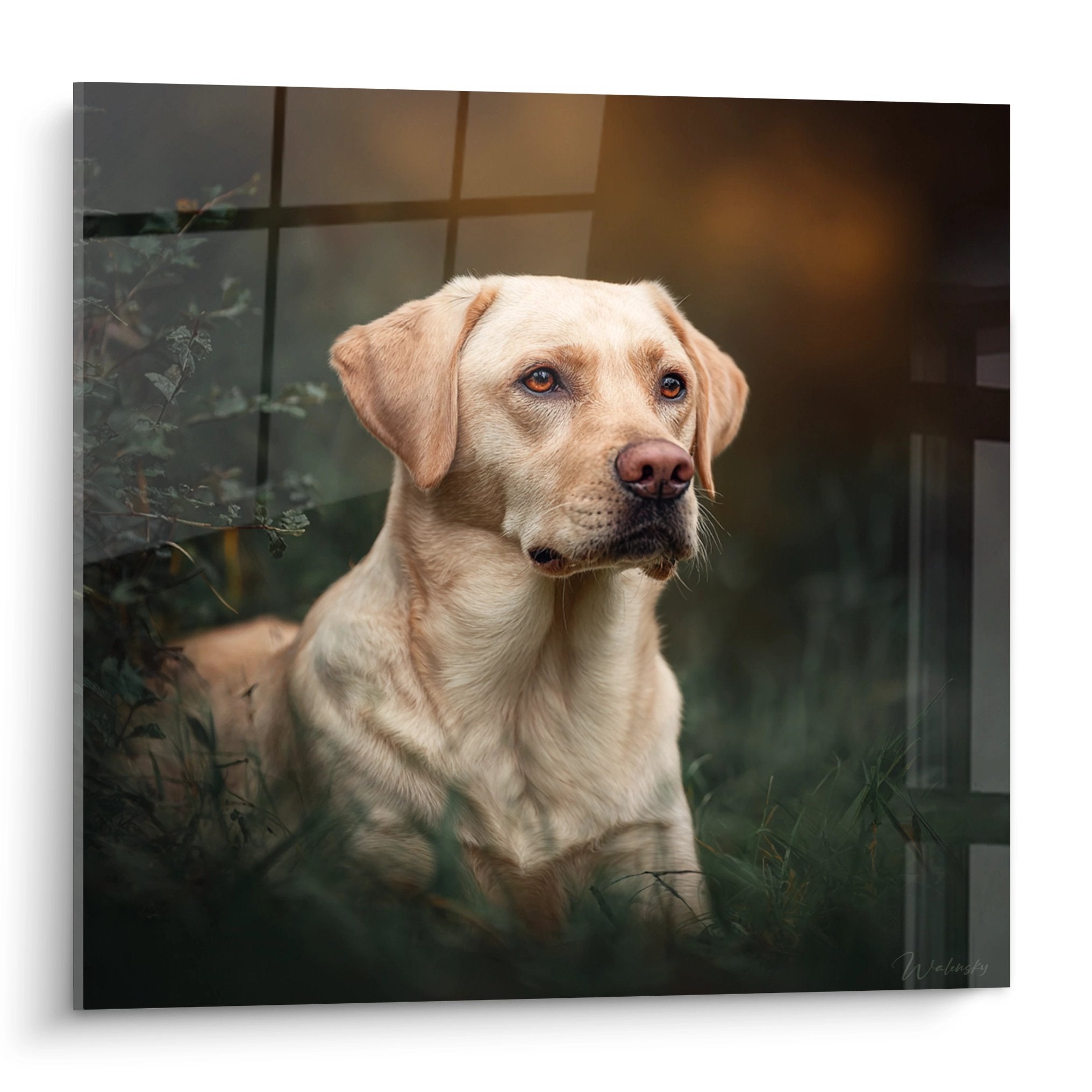 Artistic portrait of beige labrador with contemplative gaze natural tones warm wall decor