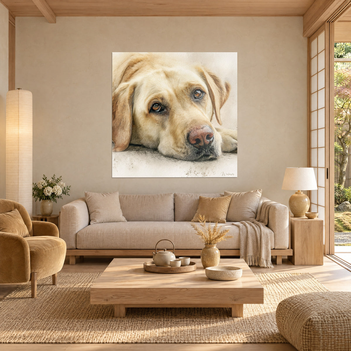 Wall art cream Labrador with a pink muzzle and amber eyes, on an ivory background, above a sofa in a bright living room