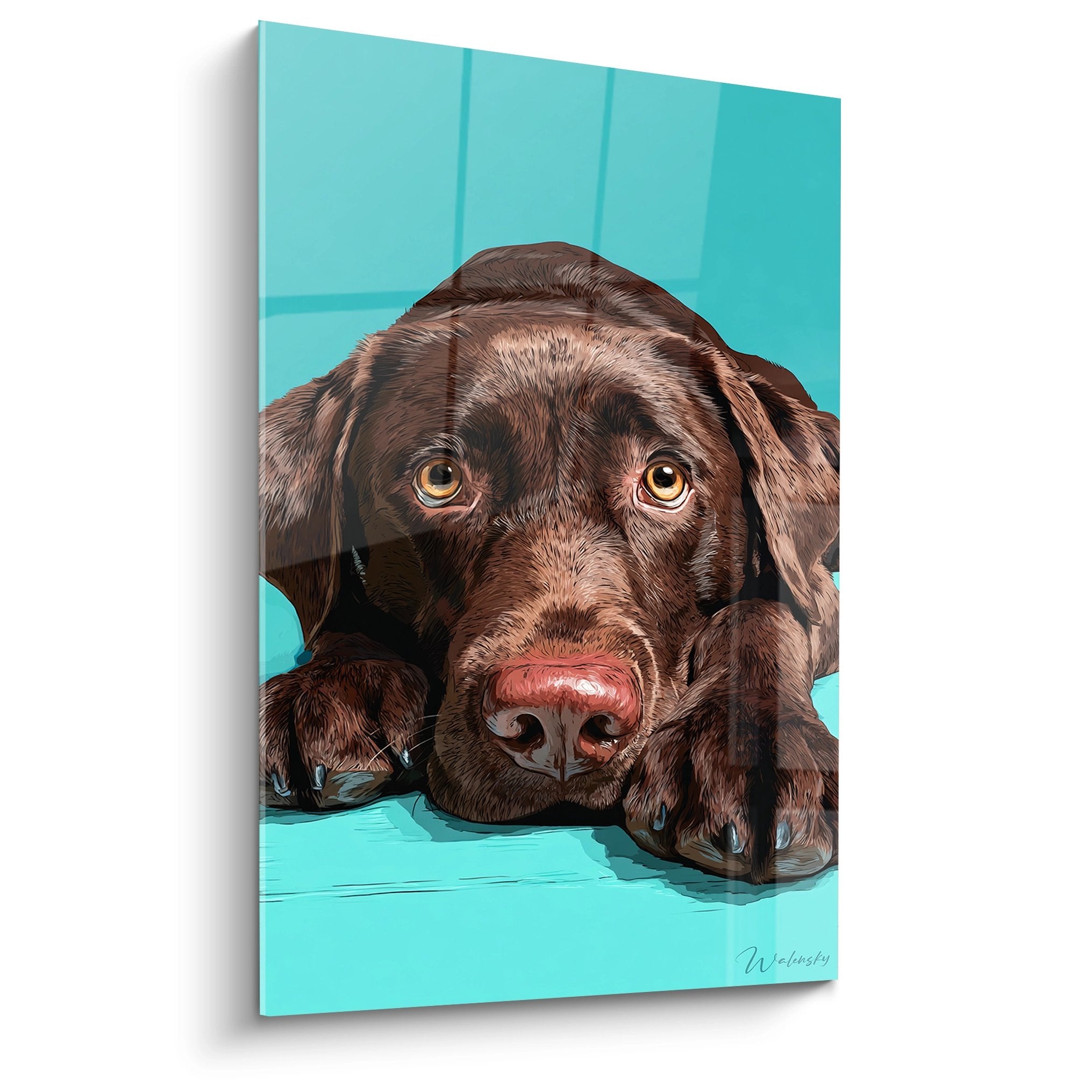 Realistic portrait chocolate labrador retriever golden eyes turquoise background modern wall art