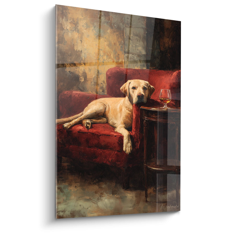 Tableau Labrador Crème sur Fauteuil Rouge Bordeaux - Élégance Canine - Edition Tableau Labrador Retriever