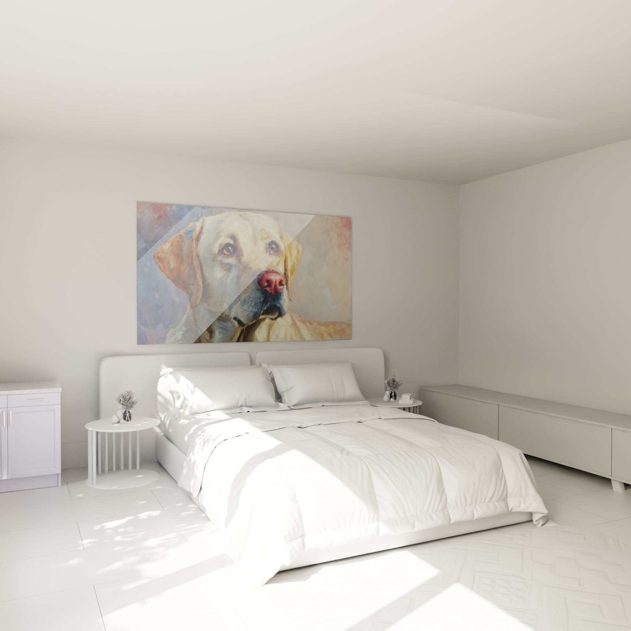 Golden Labrador portrait wall art hung in bedroom warm wall decoration beige tones