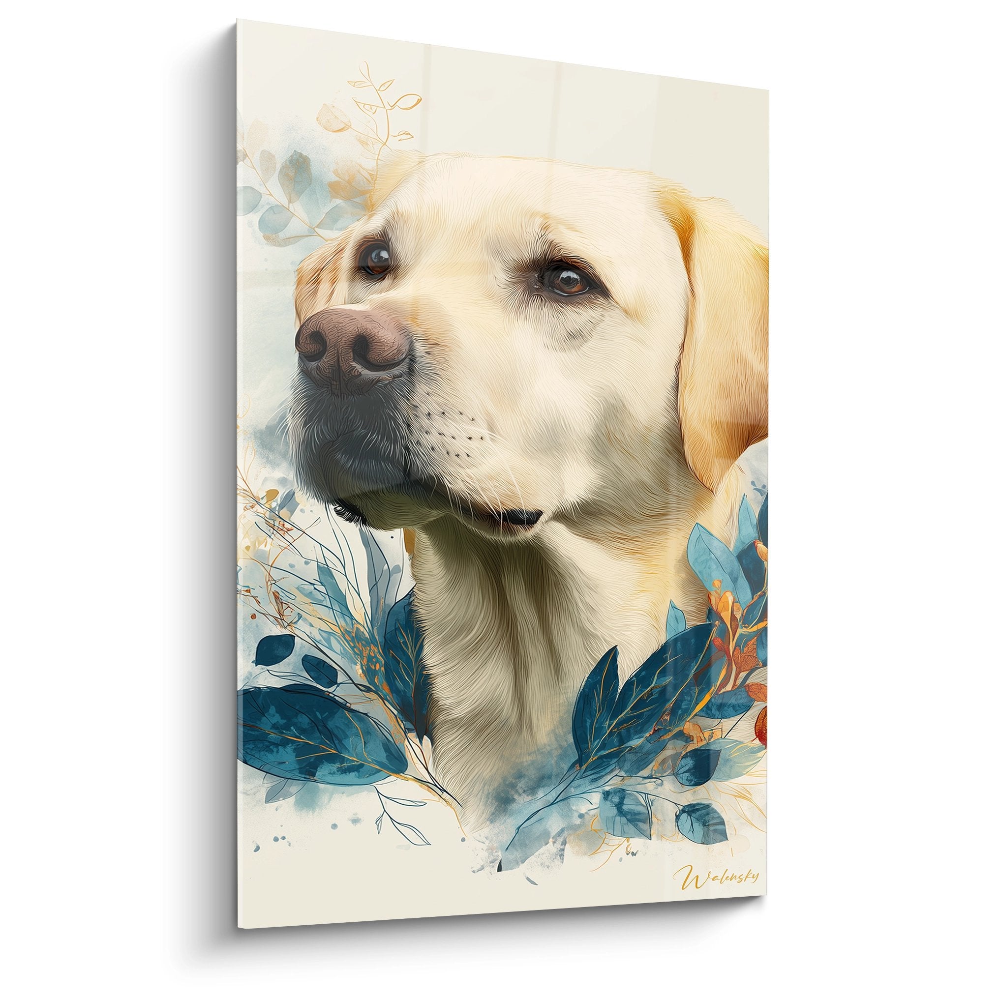 Watercolor portrait of golden labrador with blue eyes surrounded by blue foliage on beige background artistic wall art