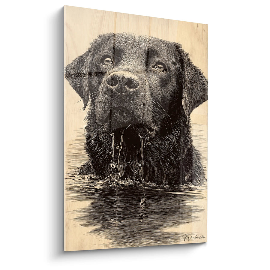 Tableau Labrador Noir dans l'Eau - Portrait Réaliste Gravé - Edition Tableau Labrador Retriever