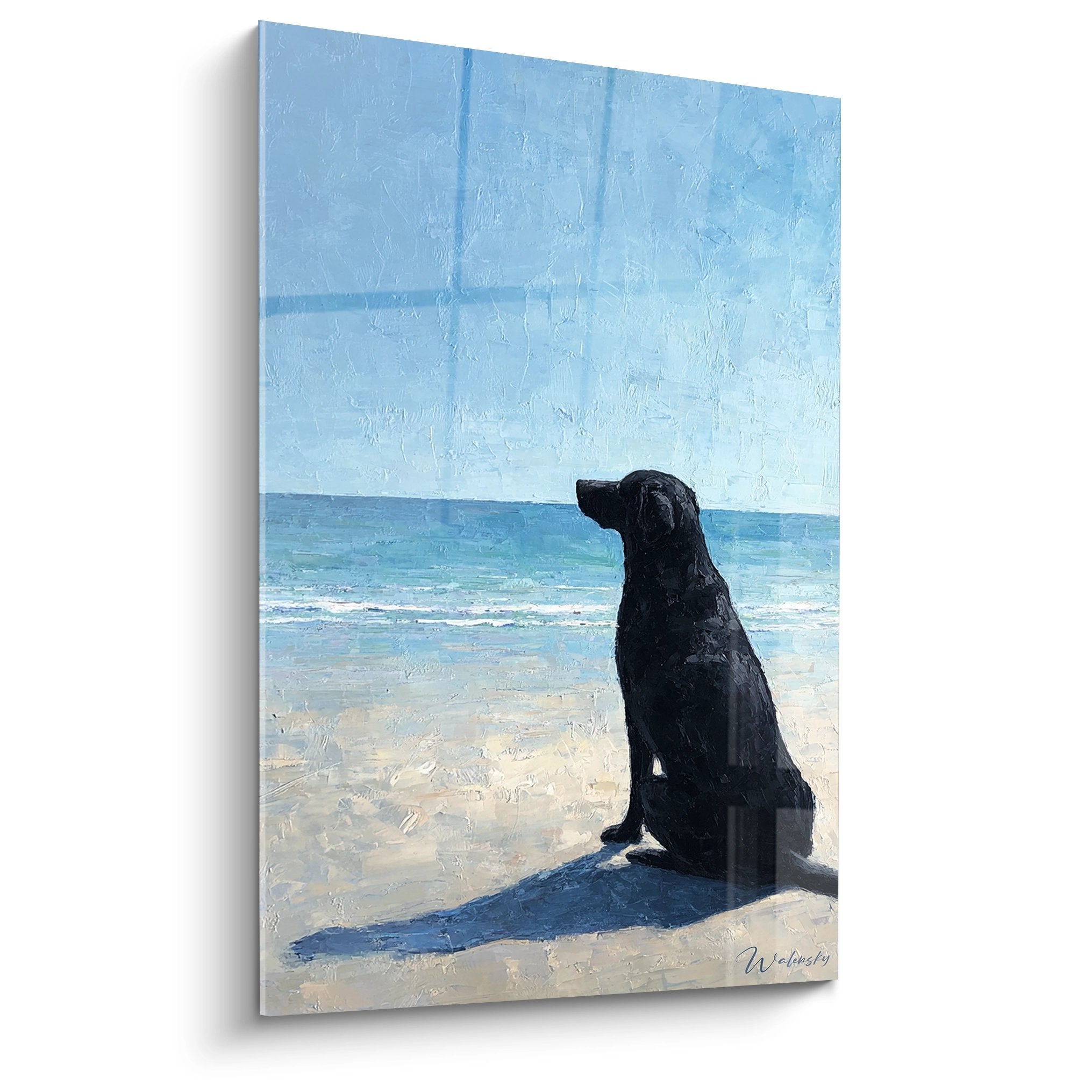 Black labrador sitting on beach contemplating turquoise blue ocean canine marine art