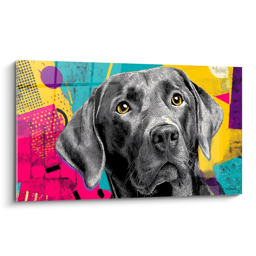 Tableau Labrador Noir aux Yeux Dorés sur Fond Géométrique Coloré - Portrait Canin Contemporain - Edition Tableau Labrador Retriever