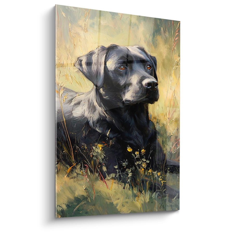 Tableau Labrador Noir aux Yeux Ambrés dans Prairie Dorée - Portrait Canin Impressionniste - Edition Tableau Labrador Retriever