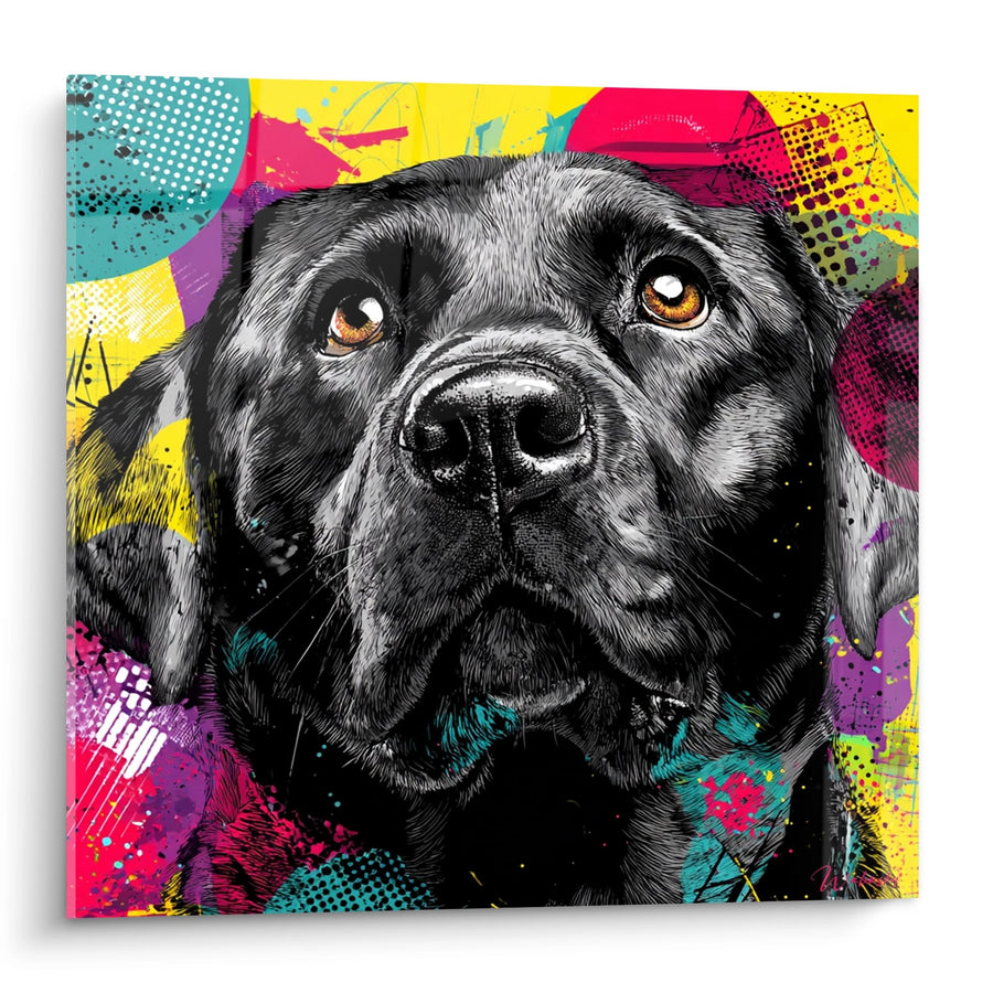 Tableau Labrador Noir aux Yeux Ambrés sur Fond Multicolore - Portrait Canin Urbain - Edition Tableau Labrador Retriever