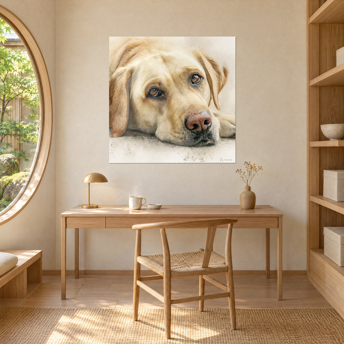 Wall art peaceful Labrador puppy, golden and cream coat, wistful amber gaze, facing a light wood desk