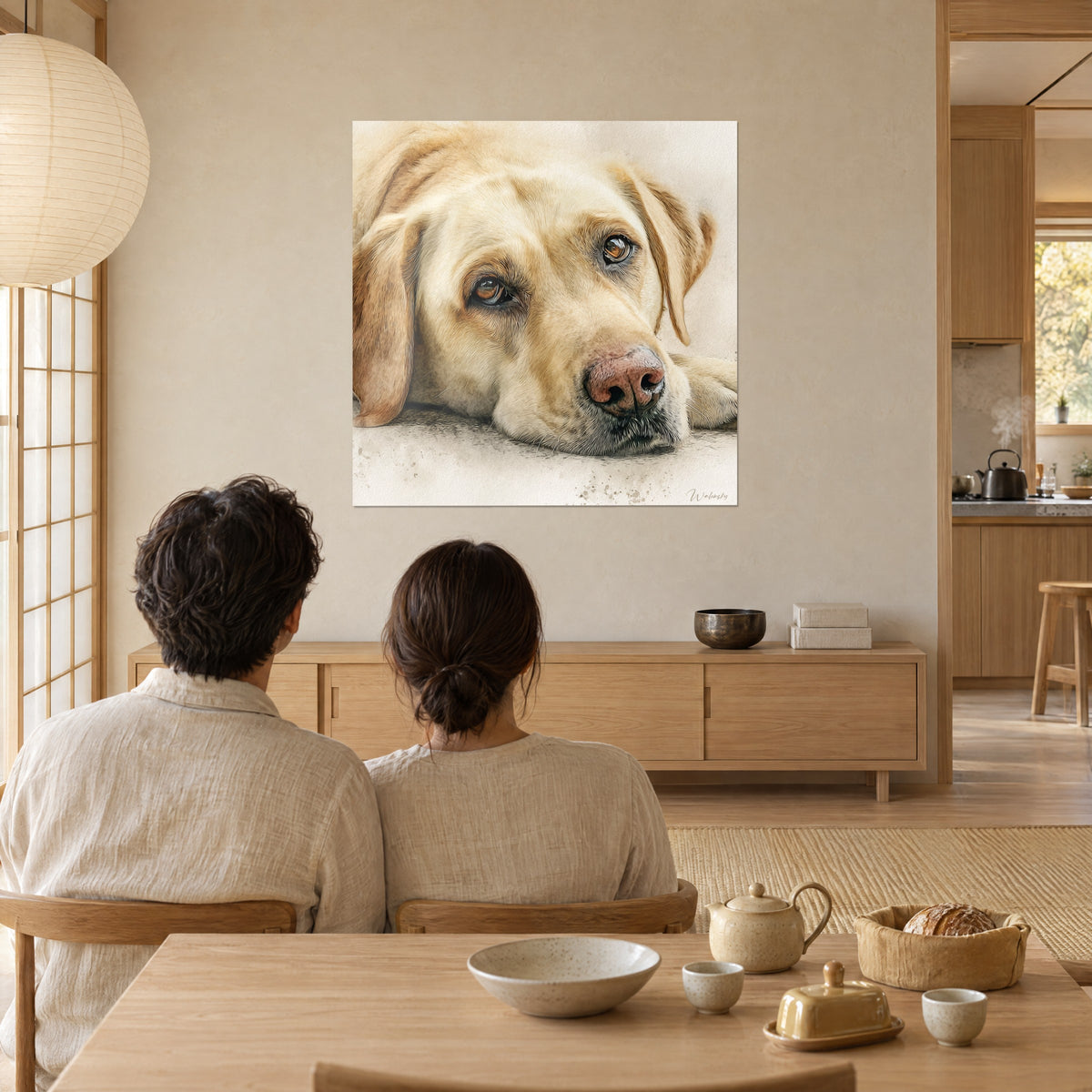 Wall art sandy retriever with its head resting, rosy-brown nose, cream background, admired by a couple seen from behind in a dining room