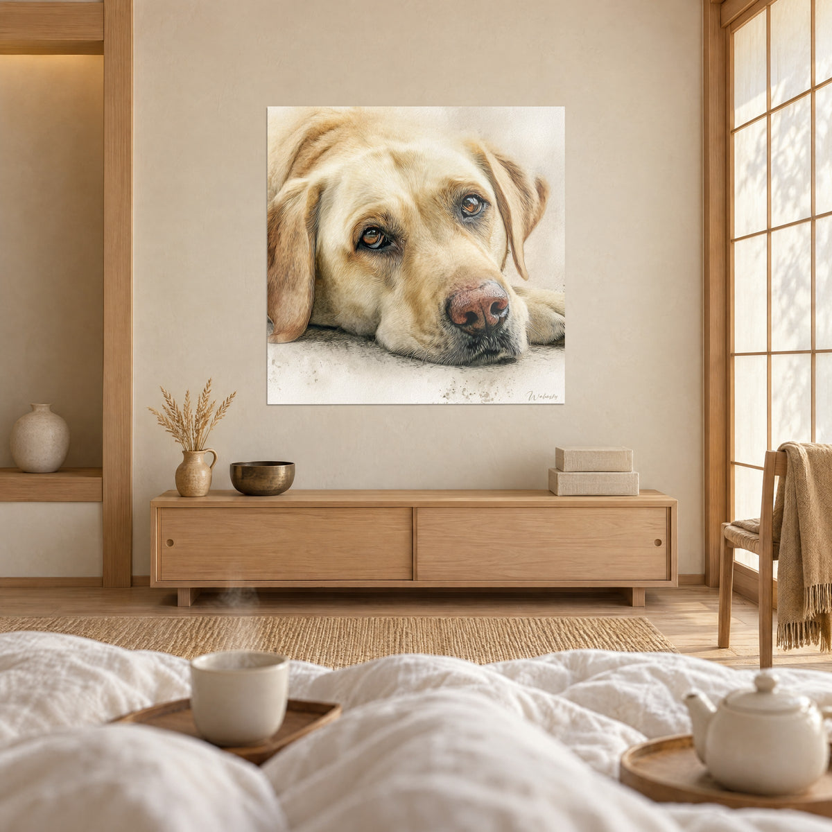 Wall art reclining blonde Labrador with a pink muzzle and copper-toned irises, facing a couple seen from behind, above a bed in a bright bedroom