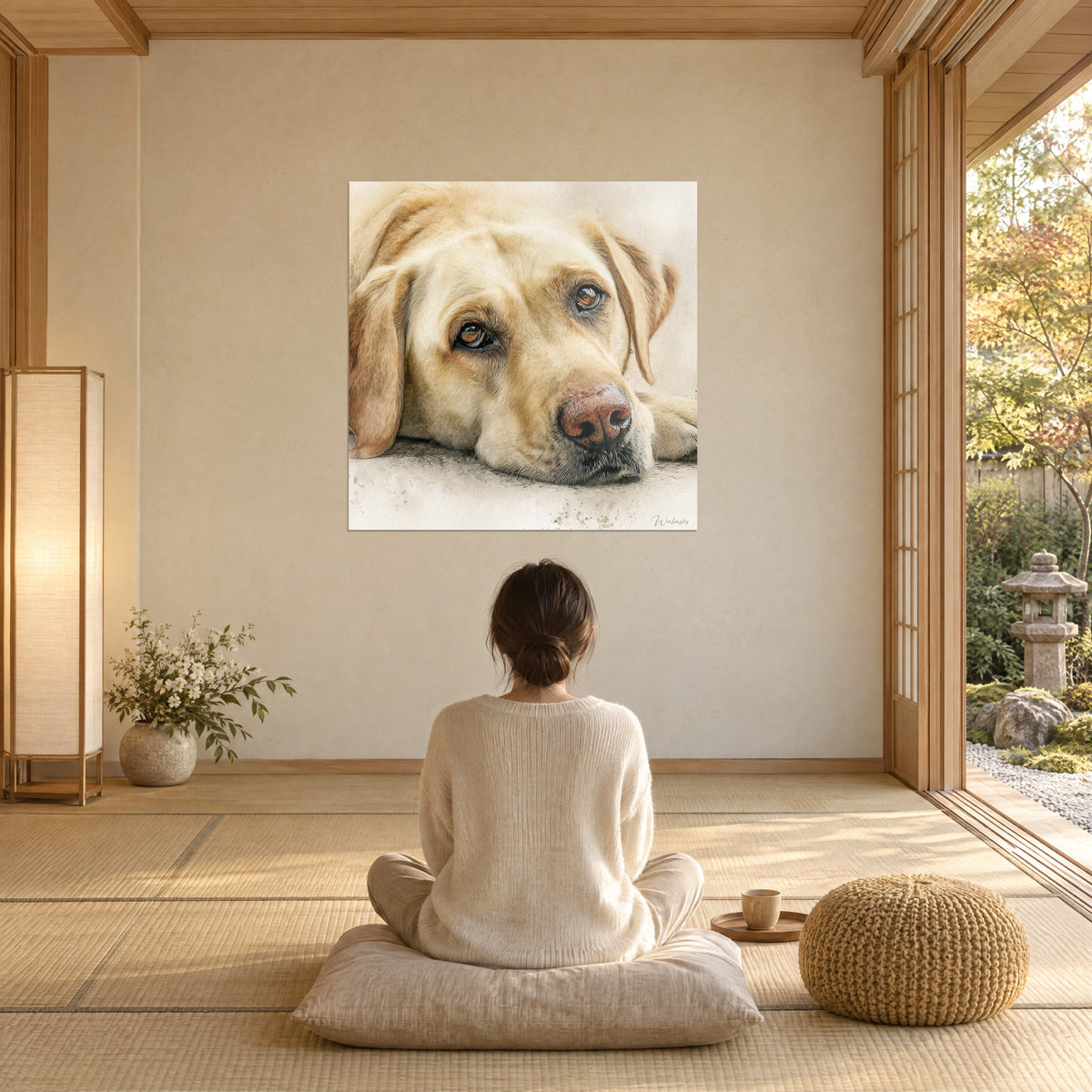 Wall art dog lying down with a honey-colored coat, deep pink nose, ivory background, watched by a woman seen from behind seated on a cushion