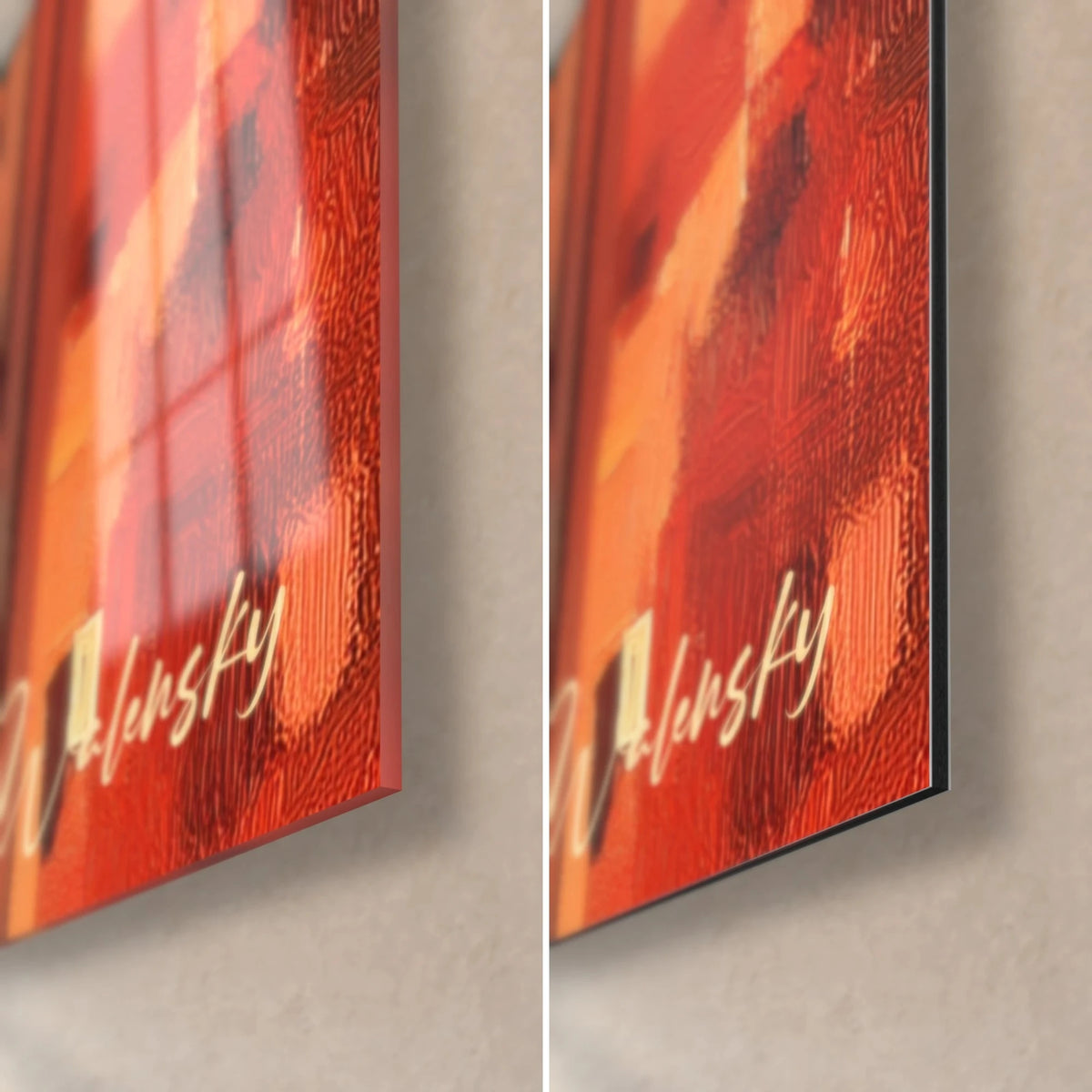 Schilderij stedelijk labyrint in koraalrood en oranje, rechtsonder in glanzend glas en mat Dibond-aluminium, 3 mm dik