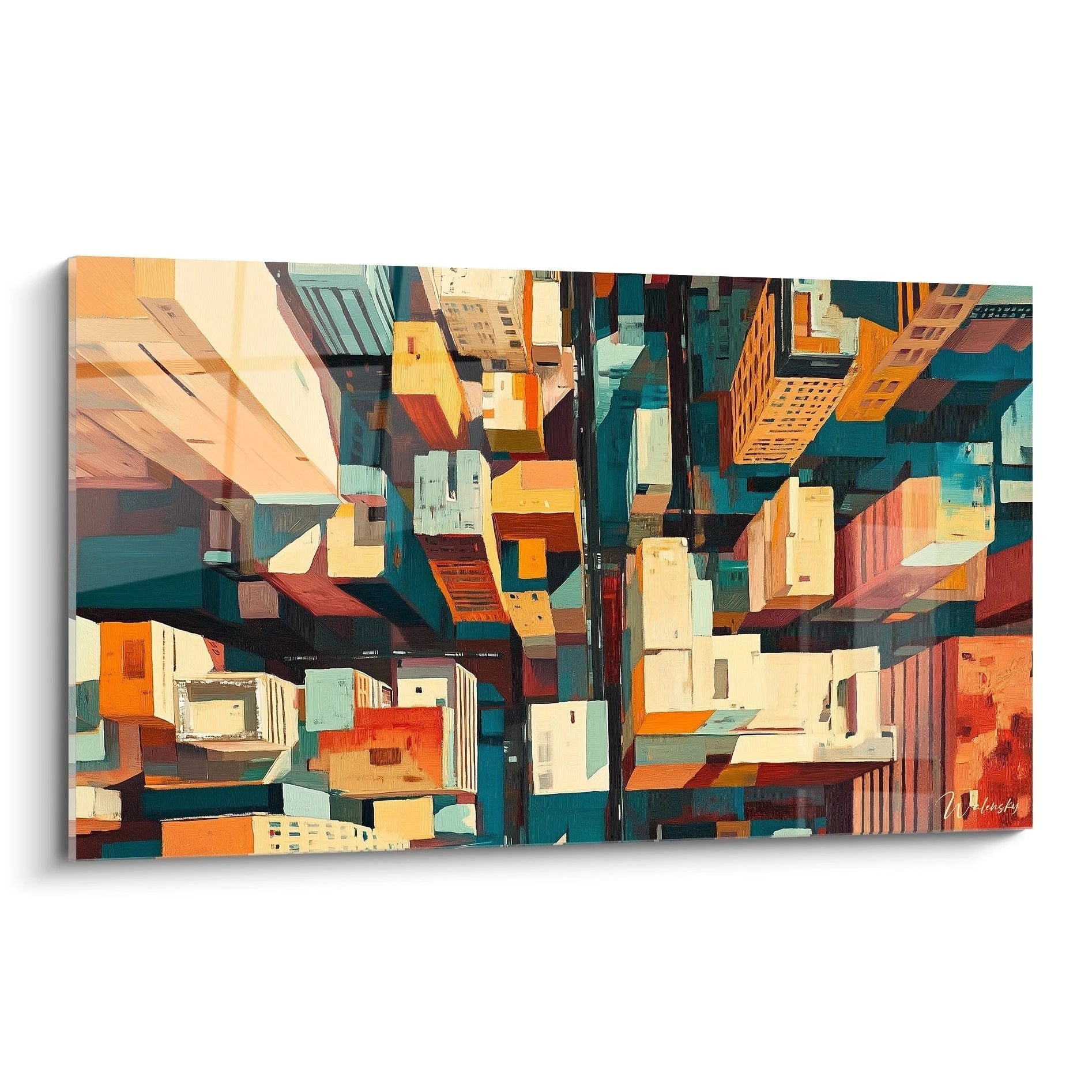 Tableau cubisme abstrait Walensky avec une vue aérienne de bâtiments colorés et stylisés