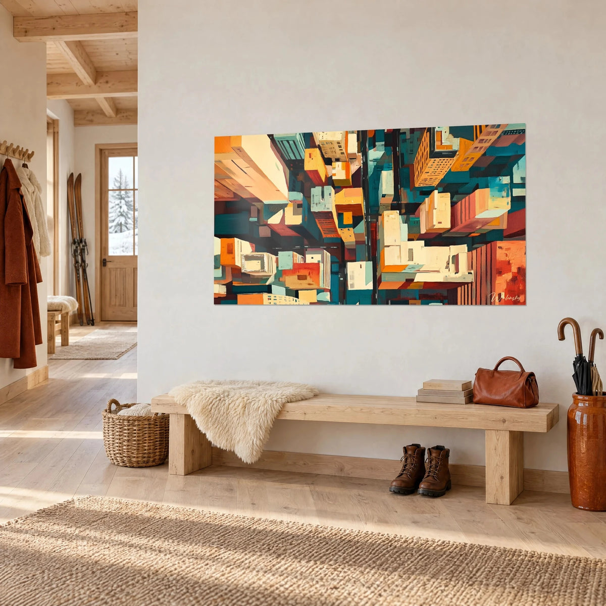 Schilderij kubistische wolkenkrabbers in oker en eendenblauwe vlakken, opgehangen boven een houten bank in een chalet