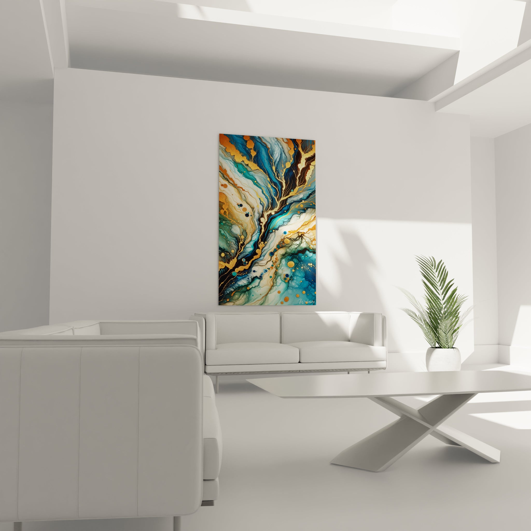 Tableau abstrait montrant des flux marbrés évoquant un paysage aérien. Spectre chromatique alliant turquoise, bleu marine, blanc nacré et noir avec touches d'or brillant. Effet visuel de technique fluid art avec cellules, veinures et cercles parfaits disséminés. Composition organique avec mouvements fluides et ramifications dorées créant un motif rappelant un arbre ou cours d'eau vu d'en haut.
