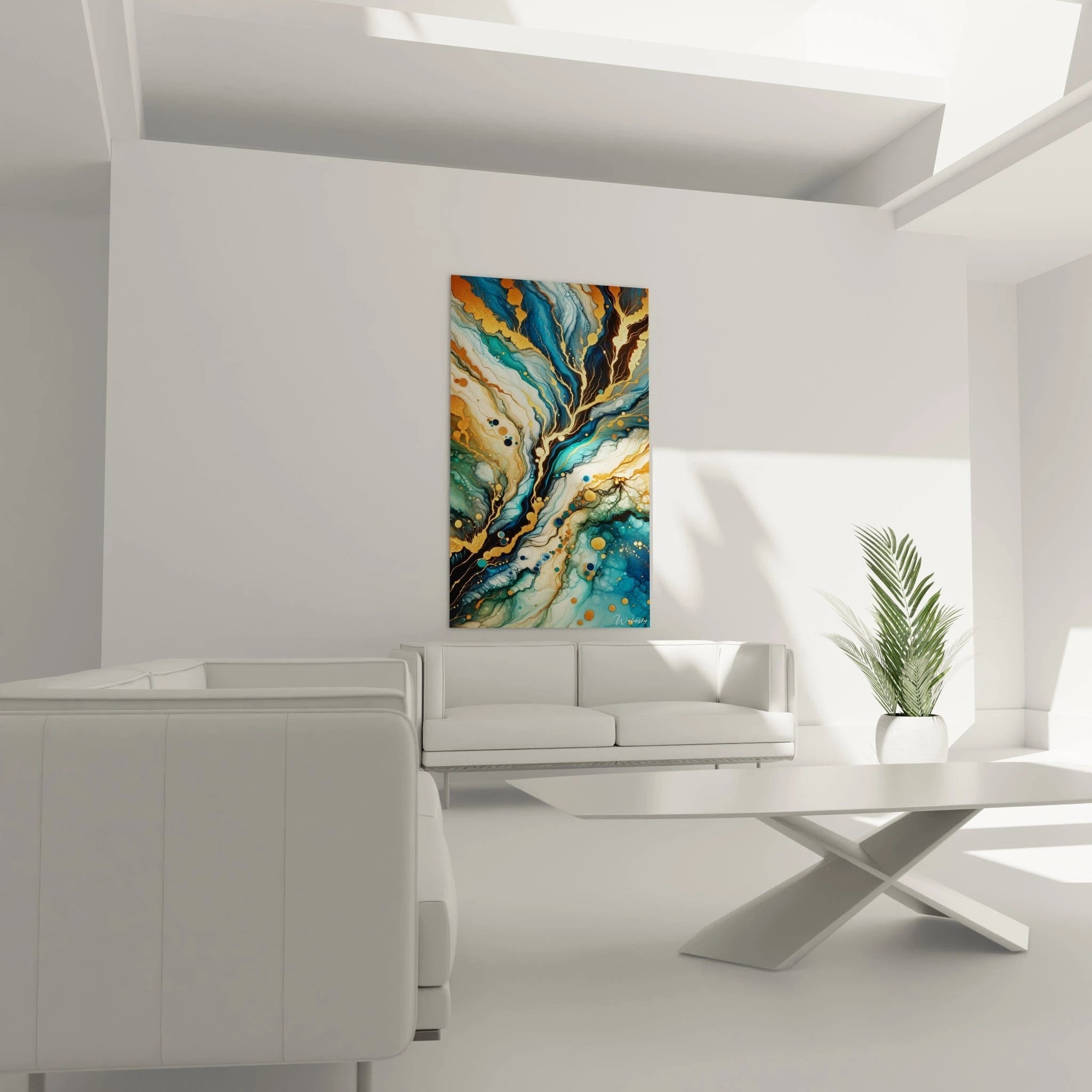 Tableau abstrait montrant des flux marbrés évoquant un paysage aérien. Spectre chromatique alliant turquoise, bleu marine, blanc nacré et noir avec touches d'or brillant. Effet visuel de technique fluid art avec cellules, veinures et cercles parfaits disséminés. Composition organique avec mouvements fluides et ramifications dorées créant un motif rappelant un arbre ou cours d'eau vu d'en haut.
