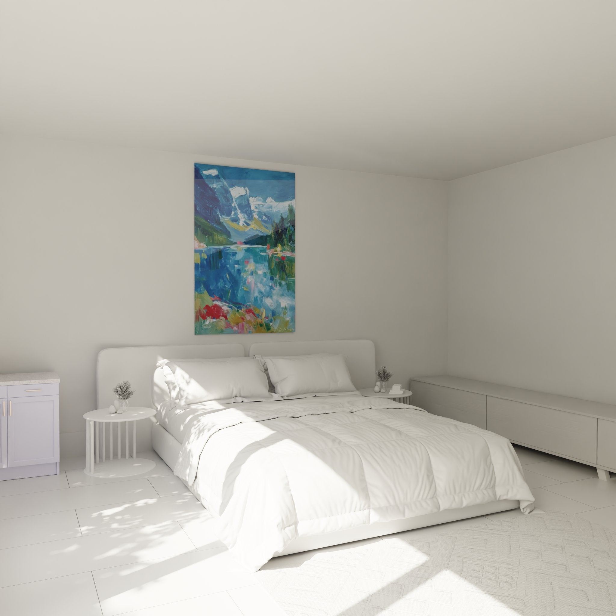 Tableau lac alpin dans ambiance chambre, décoration murale paysage montagne avec reflets cristallins