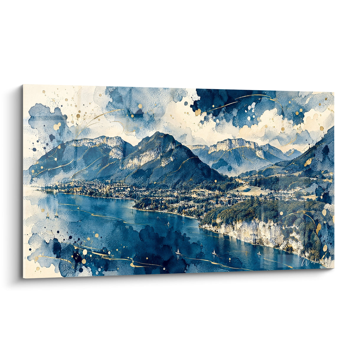 Panorama du Lac d'Annecy en bleu marine et doré, montagnes et village en aquarelle