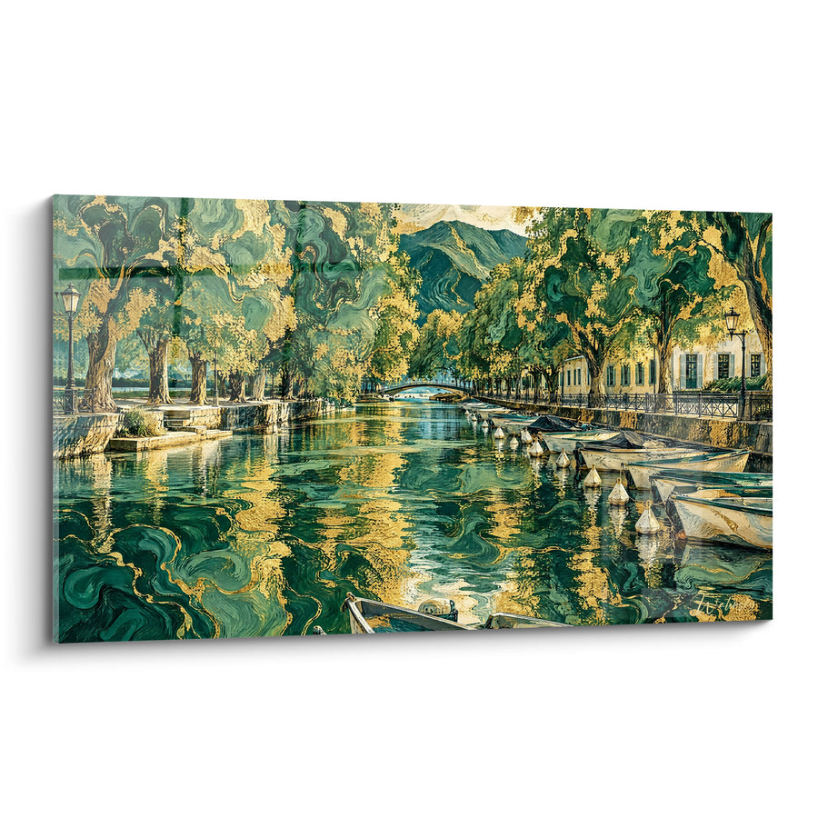 Schilderij Groene en Gouden Kanaal met aanmerende boten - Wandeling langs het water - Editie Meer van Annecy Auvergne-Rhône-Alpes Frankrijk