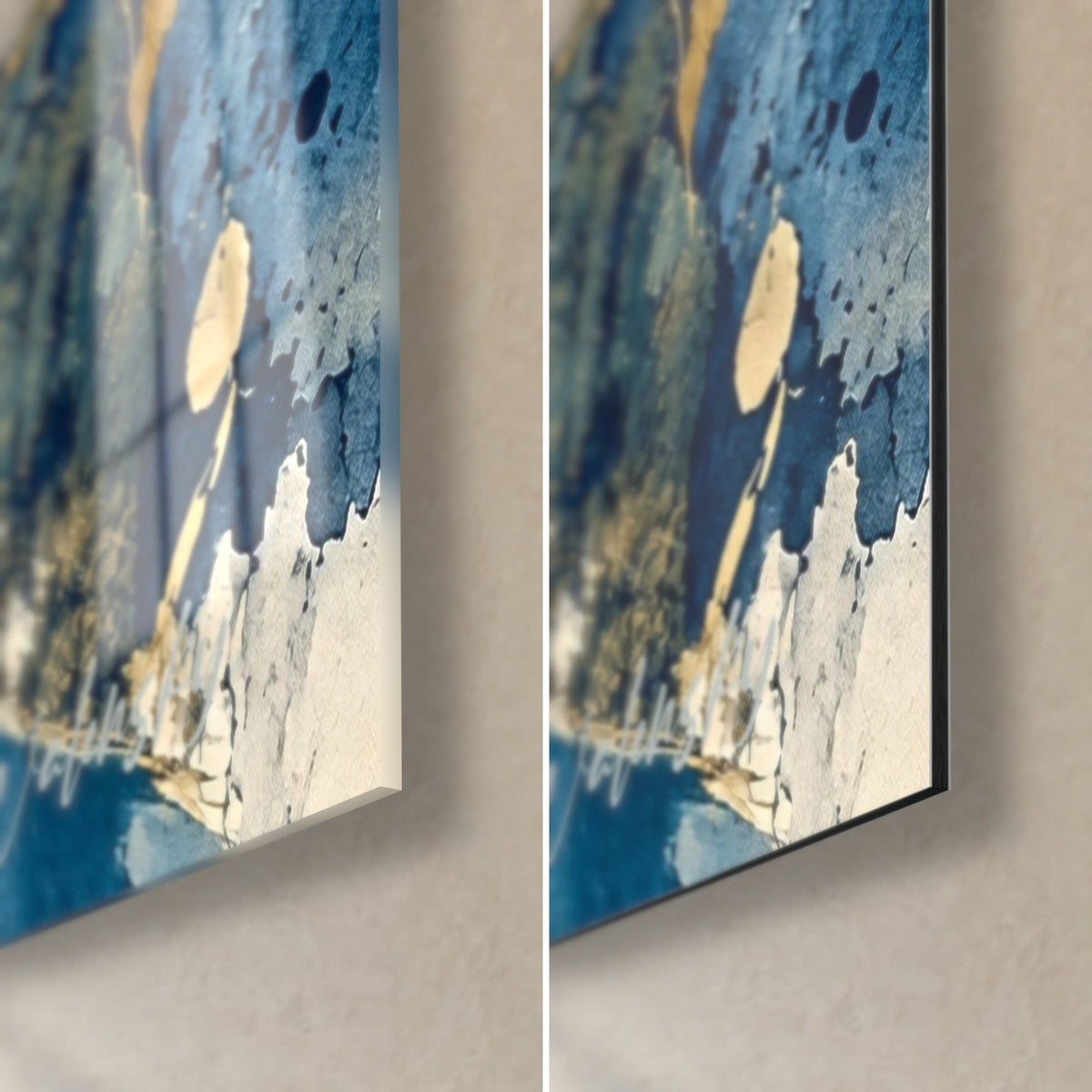 Cuadro de montañas y lago en acuarela azul cobalto y oro, esquina inferior derecha en vidrio acrílico brillante y aluminio Dibond mate, grosor de 3 mm