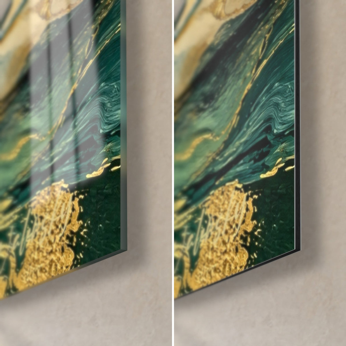 Quadro canale verde smeraldo e oro, angolo in basso a destra: vetro acrilico lucido a sinistra, alluminio Dibond opaco a destra, bordo di 3 mm