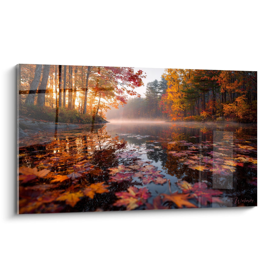 Tableau lac d'automne brumeux - Reflets dorés dans la brume - édition lac