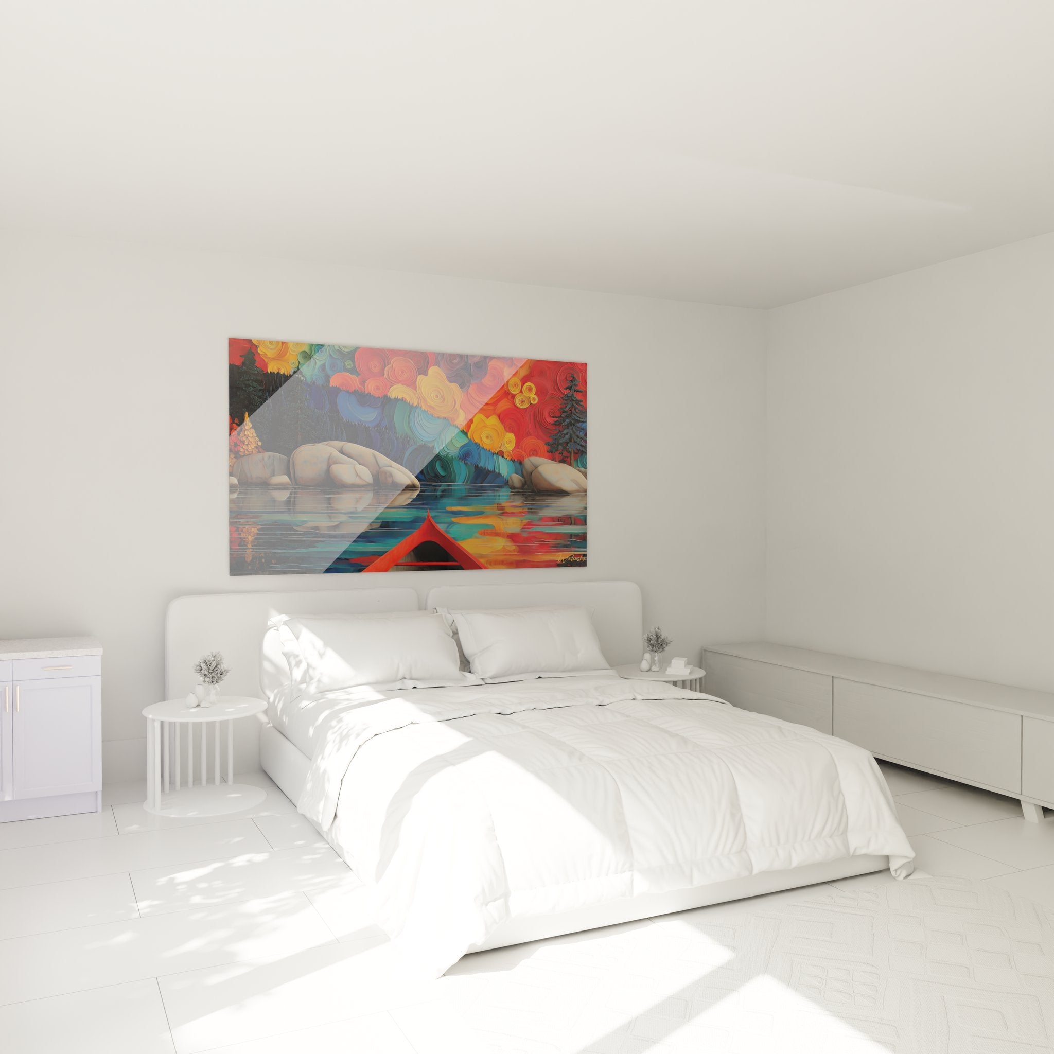 Tableau lac automne aux reflets colorés dans chambre moderne, décoration murale nature contemporaine