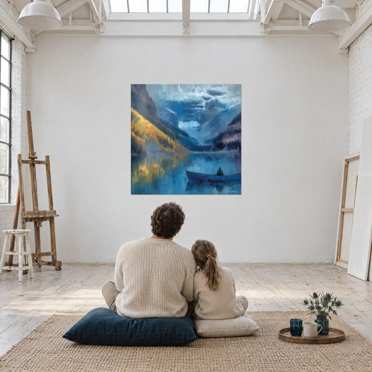 Πίνακας φθινοπωρινές αντανακλάσεις σε παγετώδη λίμνη, χρυσή πλαγιά και γαλαζωπή ομίχλη, δύο άνθρωποι από πίσω καθισμένοι σε άδειο loft