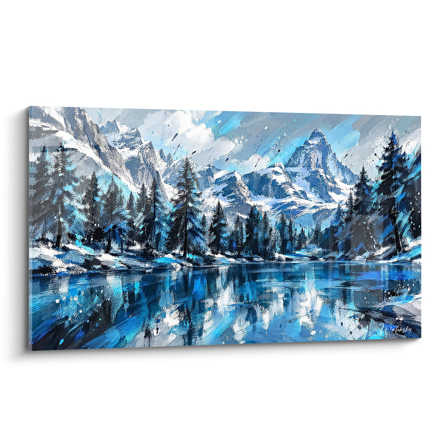 Tableau Lac alpin aux reflets bleus et sapins noirs - Silence glacé - Edition Lac Bleu Vallée d'Aoste Italie