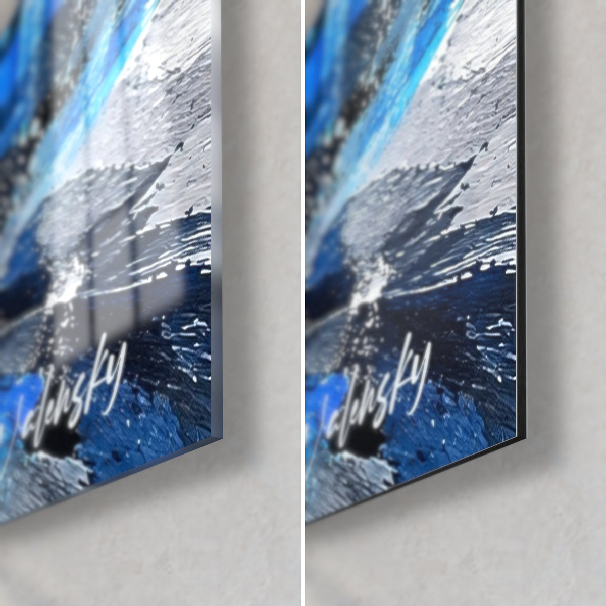Tableau paysage alpin en peinture bleu cobalt et blanc, coin bas droit, verre brillant à gauche, Dibond mat à droite, tranche 3 mm
