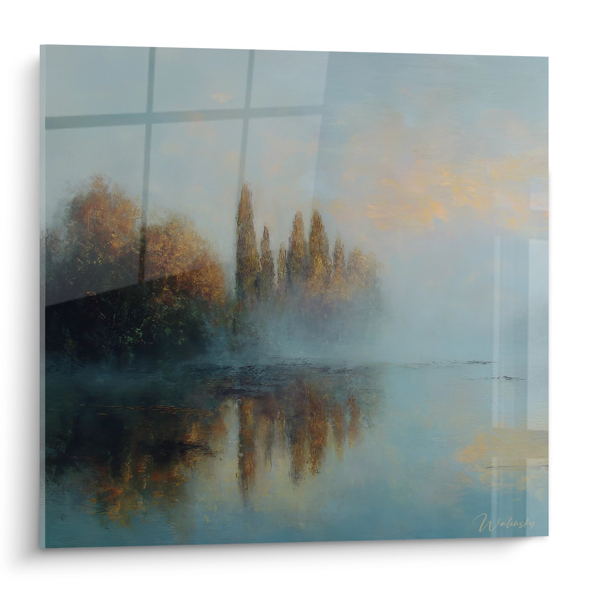 Tableau mural lac brumeux automne avec reflets dorés et arbres dans la brume matinale apaisante