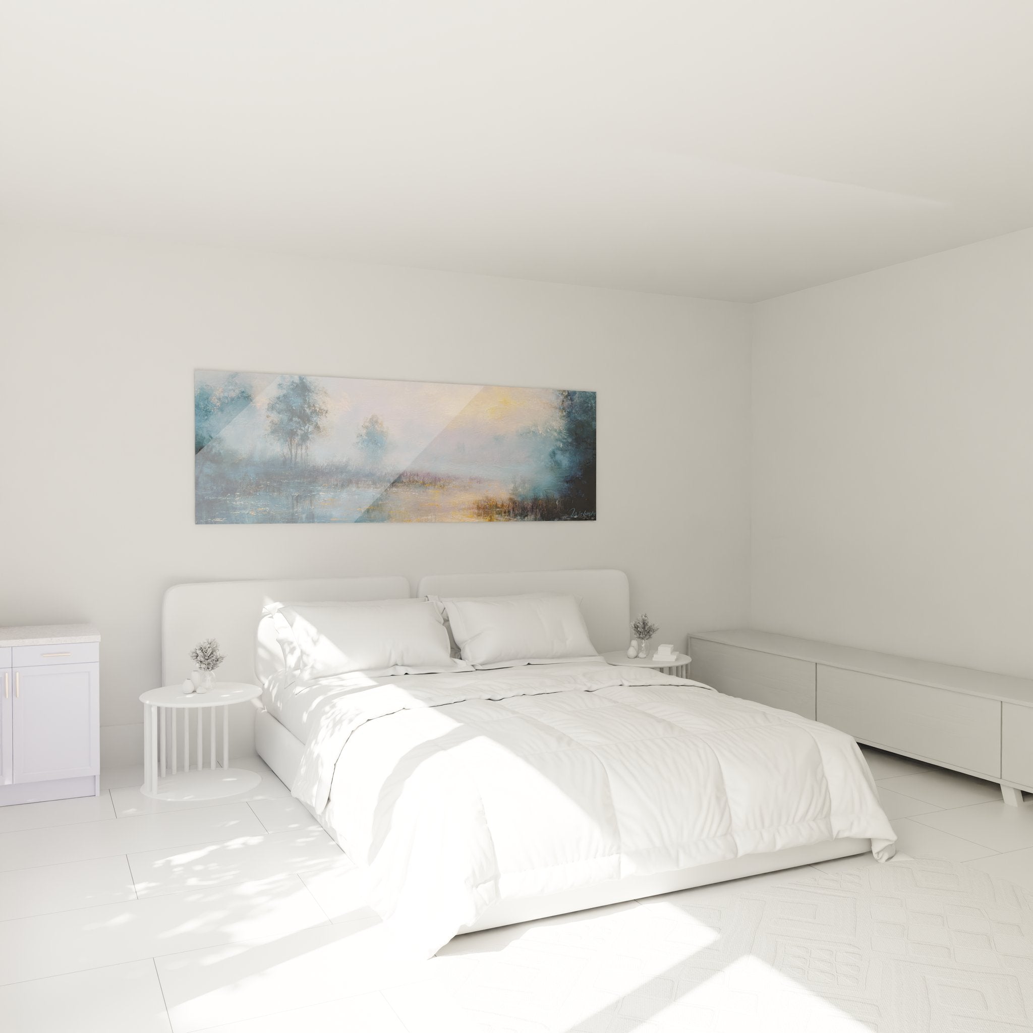 Tableau lac brumeux décorant une chambre moderne avec ambiance apaisante