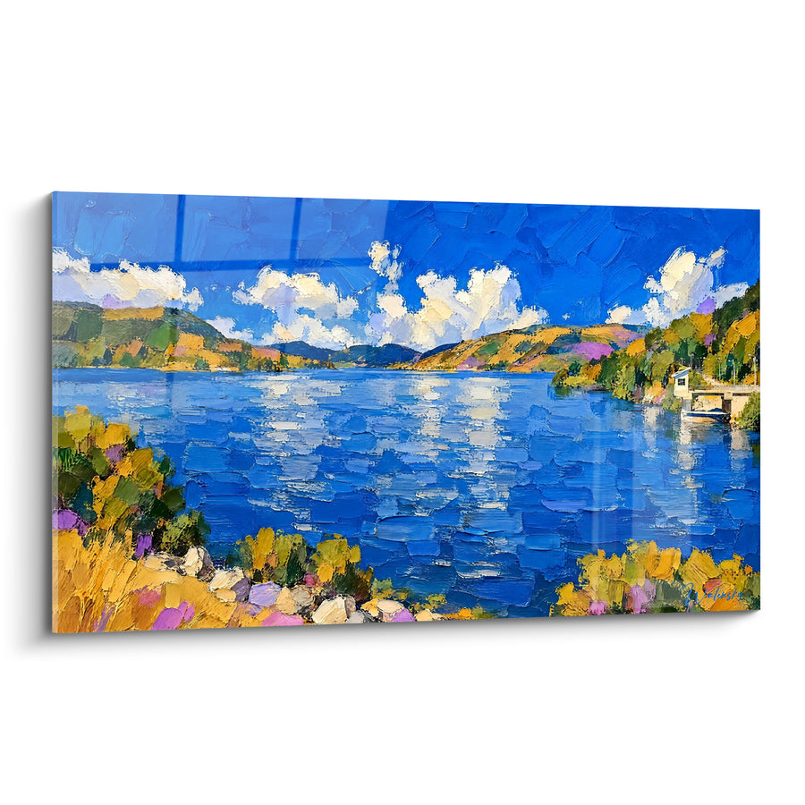 Tableau Lac bleu et collines dorées au couteau - Après-midi paisible - Edition Lac de Campotosto Abruzzes Italie