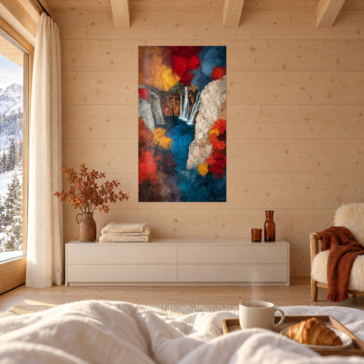 Cuadro paisaje de garganta con cascada blanca, ocre y azul turquesa, encima de una cama en un dormitorio luminoso