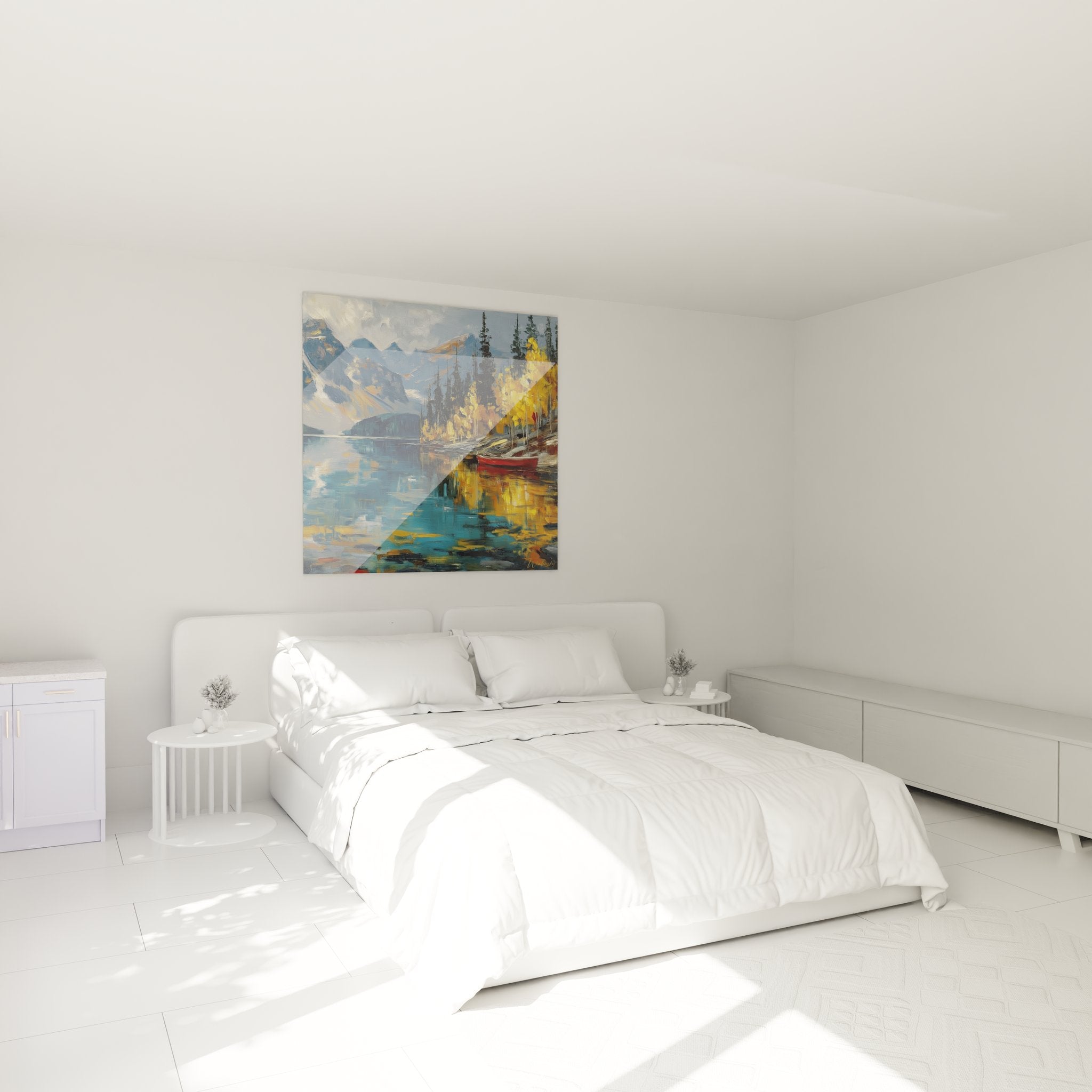 Tableau mural lac chambre avec barque rouge, ambiance décorative paysage montagnard automnal
