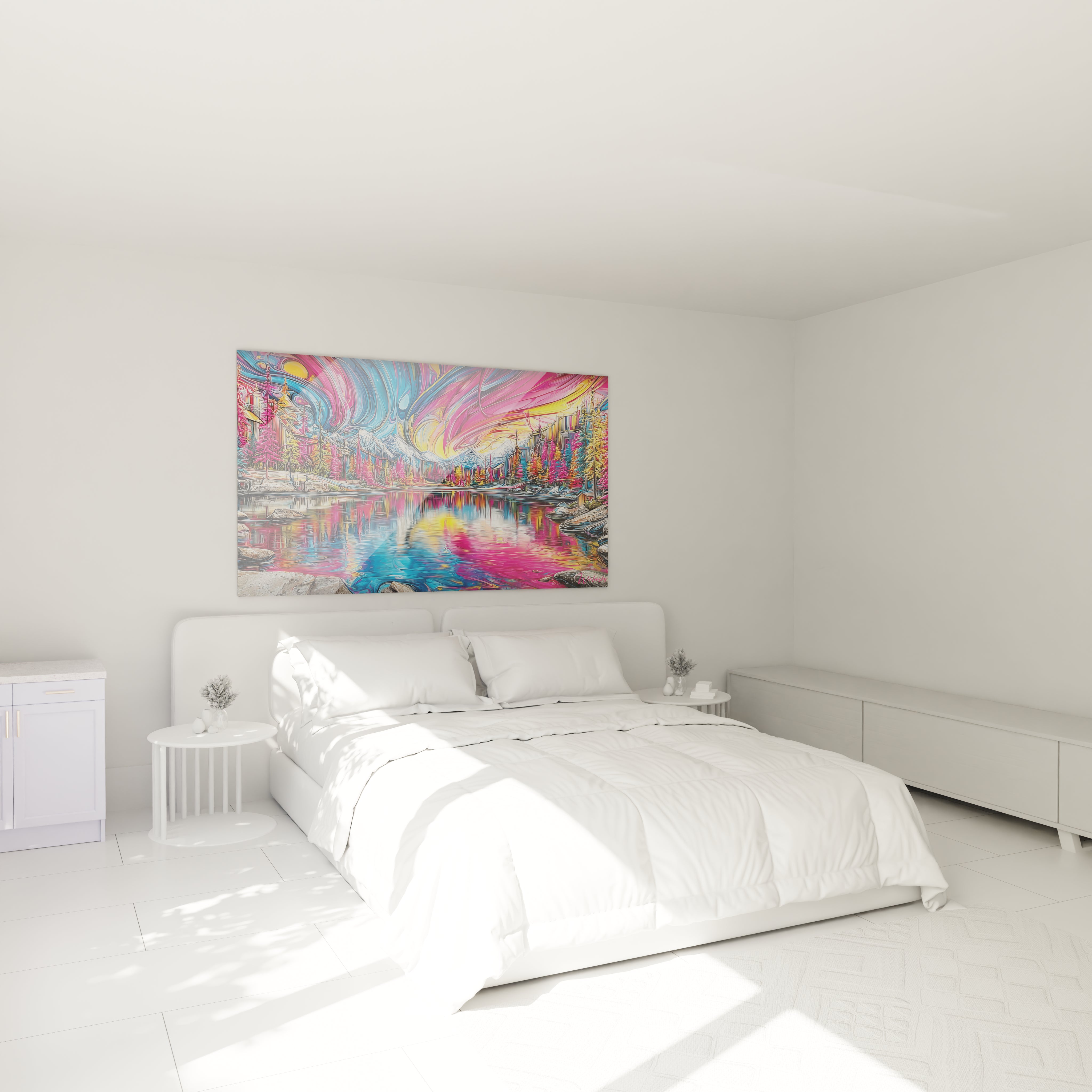 Ambiance chambre avec tableau paysage lac coloré psychédélique décorant mur moderne