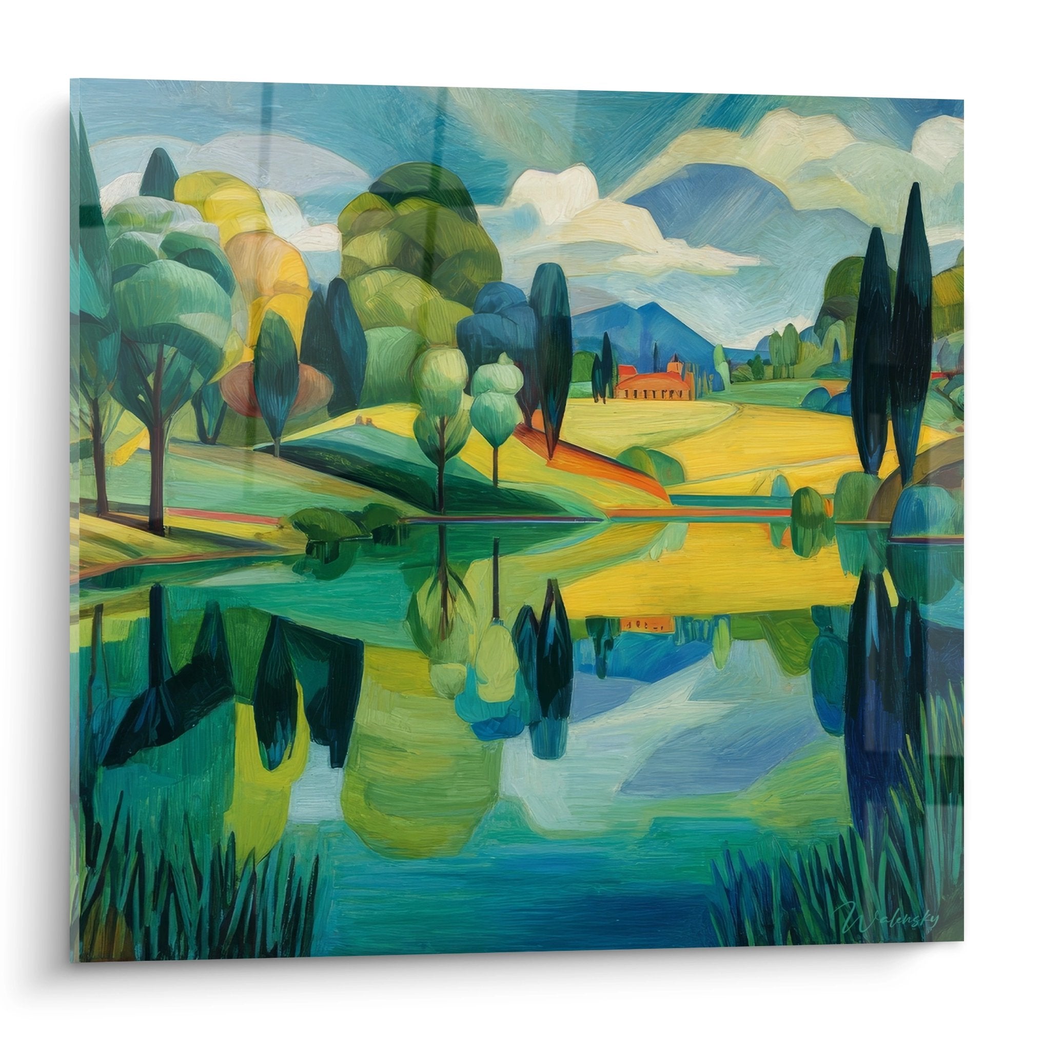 Tableau lac coloré aux reflets d'automne avec cyprès et paysage méditerranéen stylisé