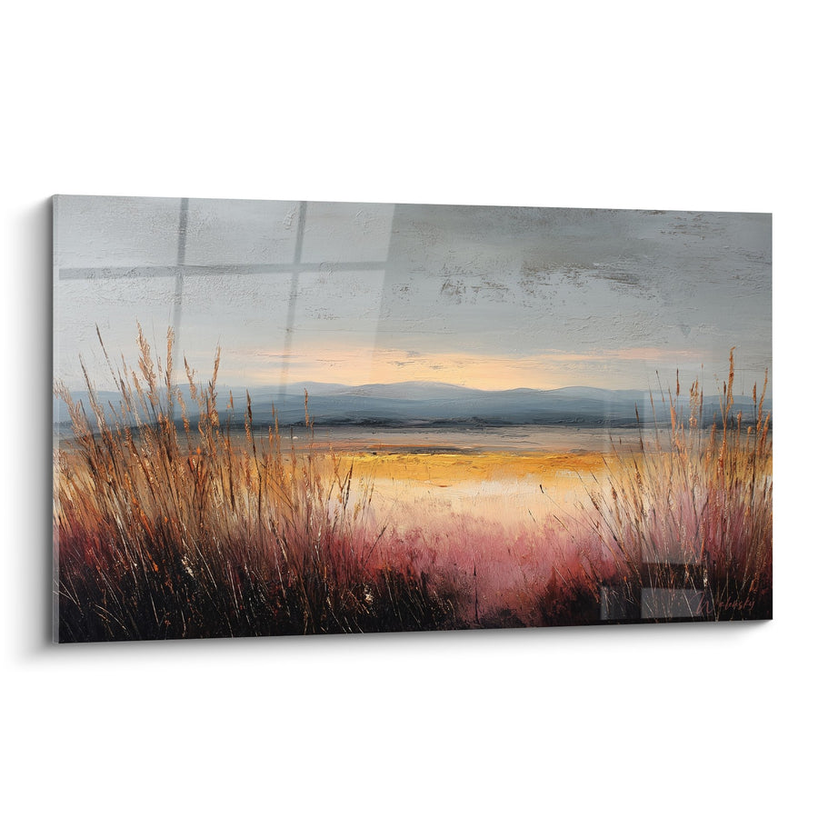 Tableau paysage lacustre aux tons roses et dorés dans des herbes hautes - Lumière crépusculaire - Edition Graminées