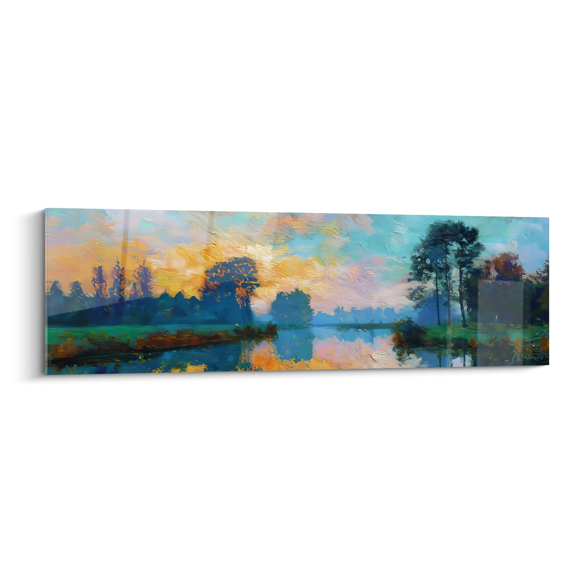 Tableau paysage lac coucher soleil reflets dorés style impressionniste décoration murale