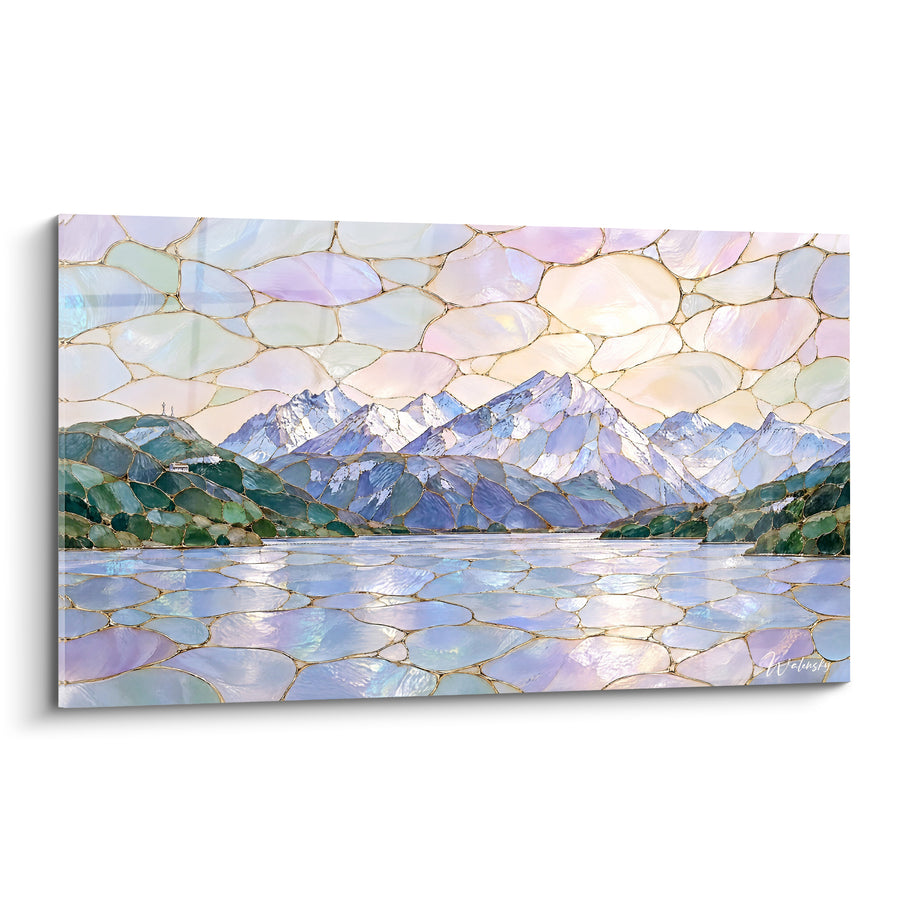 Tableau Montagnes vitrail mauve et doré - Éveil cristallin - Edition Lac de Campotosto Abruzzes Italie
