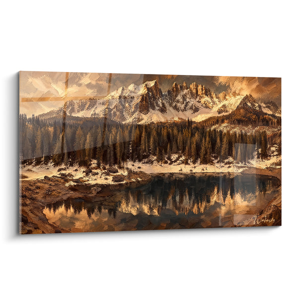 Tableau Massif doré aux reflets dans l'eau - Aube alpine silencieuse - Edition Lac de Carezza Trentin-Haut-Adige Italie