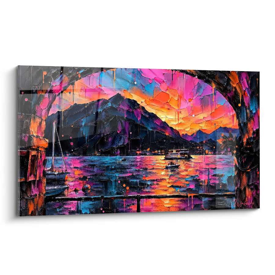 Tableau Lac sous arche rose et orange - Ivresse crépusculaire - Edition Lac de Côme Lombardie Italie