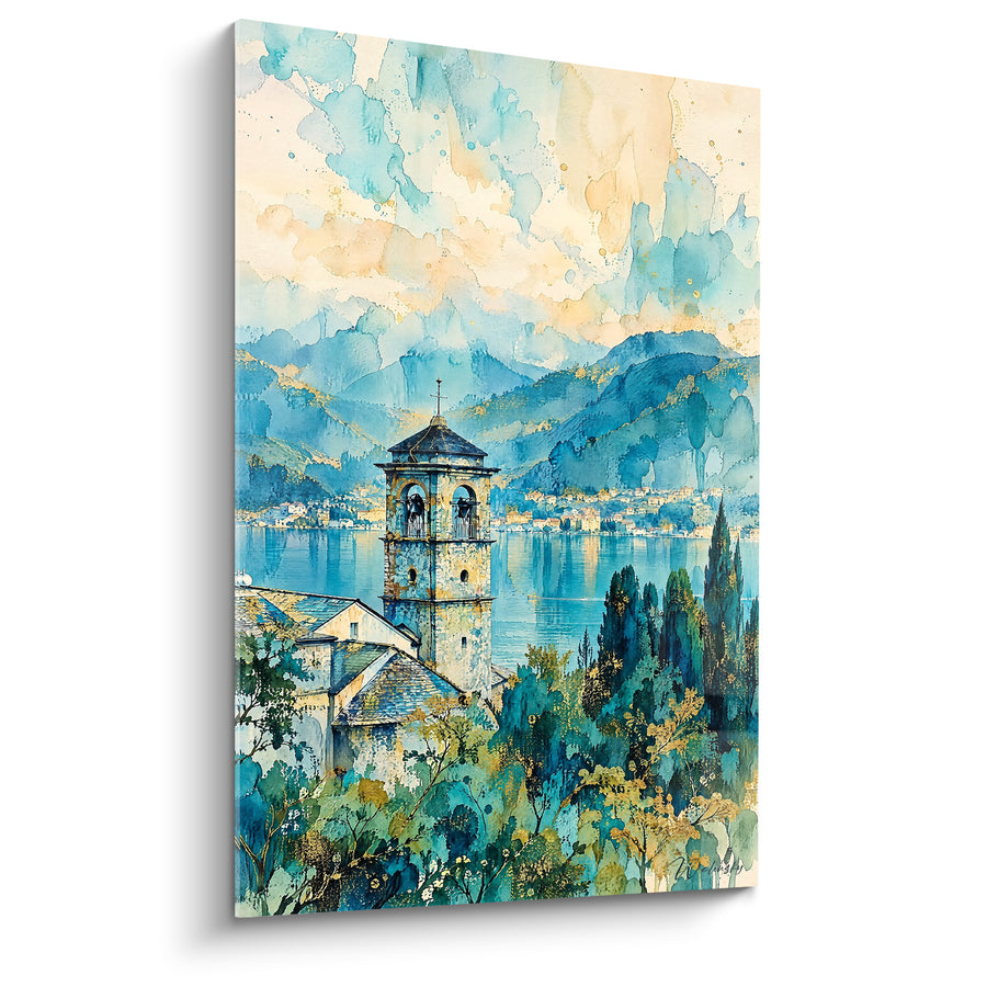 Tableau Clocher bleu et doré au bord du lac - Matin lacustre serein - Edition Lac de Côme Lombardie Italie