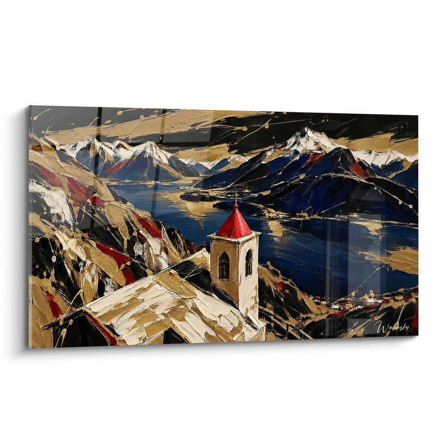 Tableau Clocher doré au toit rouge pointu - Veille sur les sommets - Edition Lac de Côme Lombardie Italie