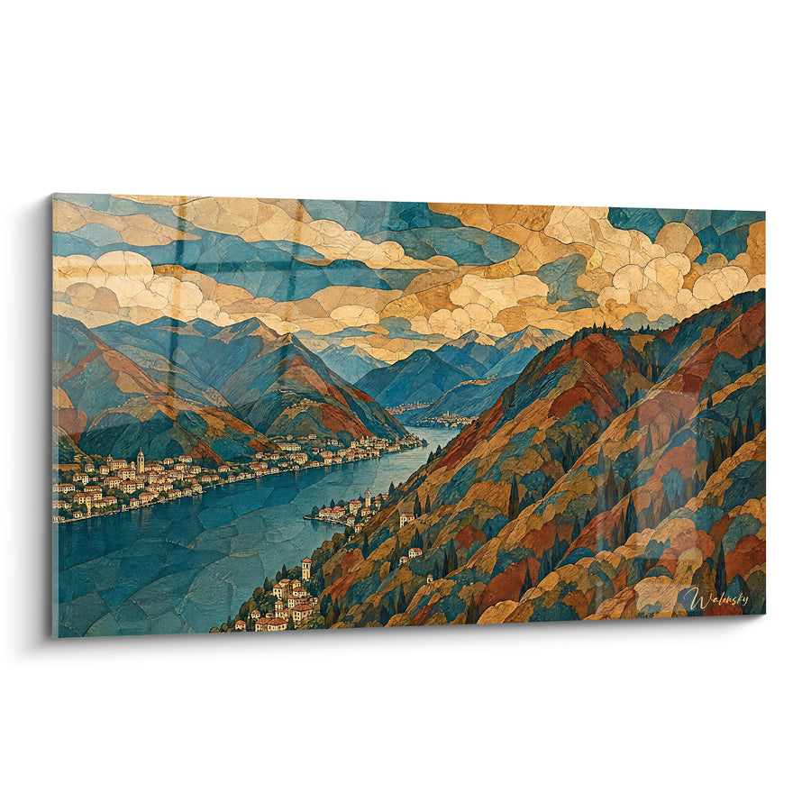 Tableau Lac alpin aux collines ocre et bleues - Sérénité alpine - Edition Lac de Côme Lombardie Italie